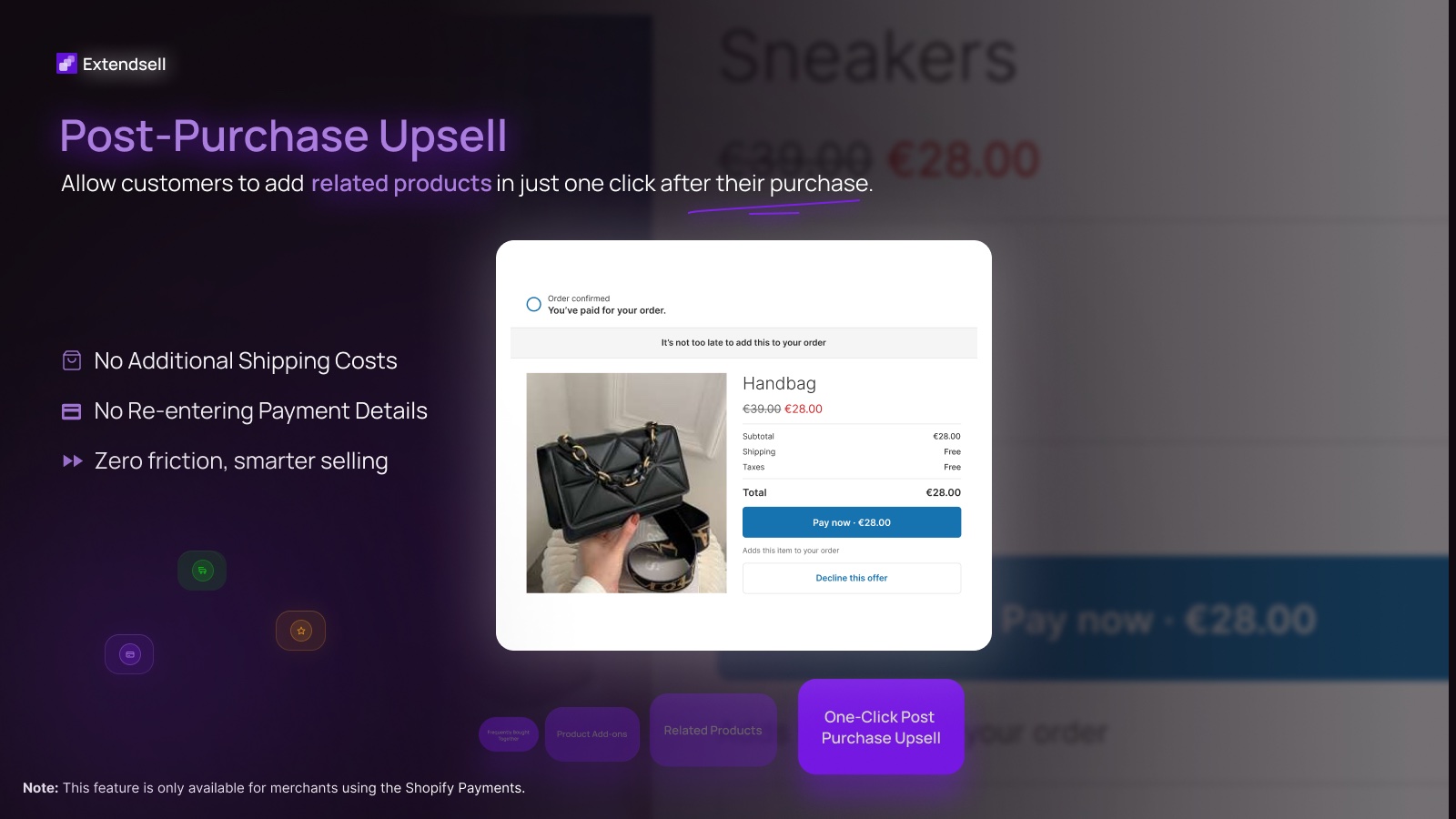 Extendsell's one-click post-purchase upsell offering a discounted handbag after checkout, with no extra shipping and no re-entering payment details